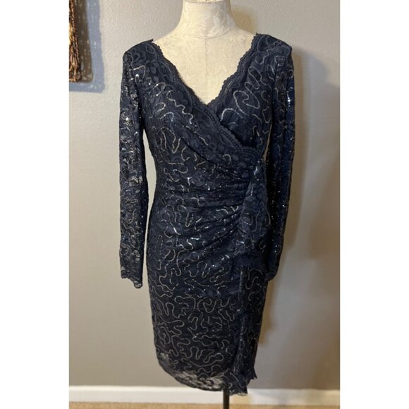 Marina Evening Dress 4 Navy Blue Sequin Lace Holiday Cruise Wedding Party NEW - Picture 5 of 9